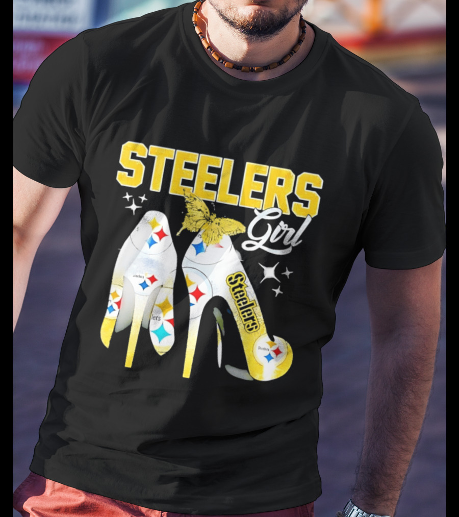 Steelers Girl High Heels With Butterfly And Stars T-Shirt