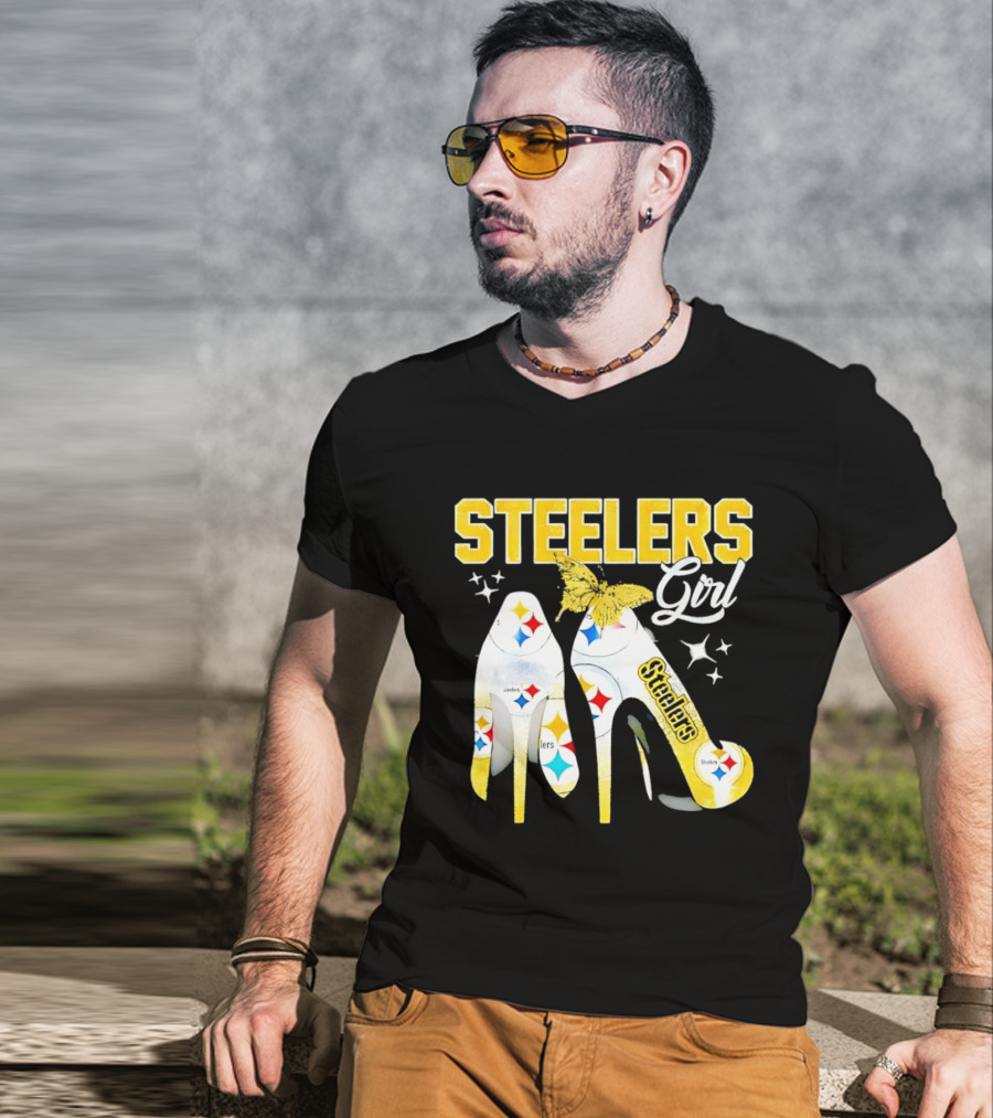 Steelers Girl High Heels With Butterfly And Stars T-Shirt