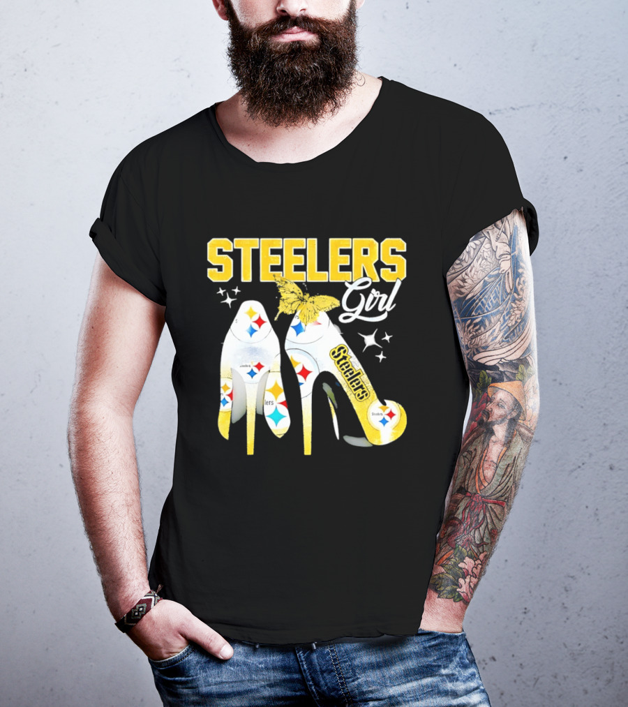 Steelers Girl High Heels With Butterfly And Stars T-Shirt