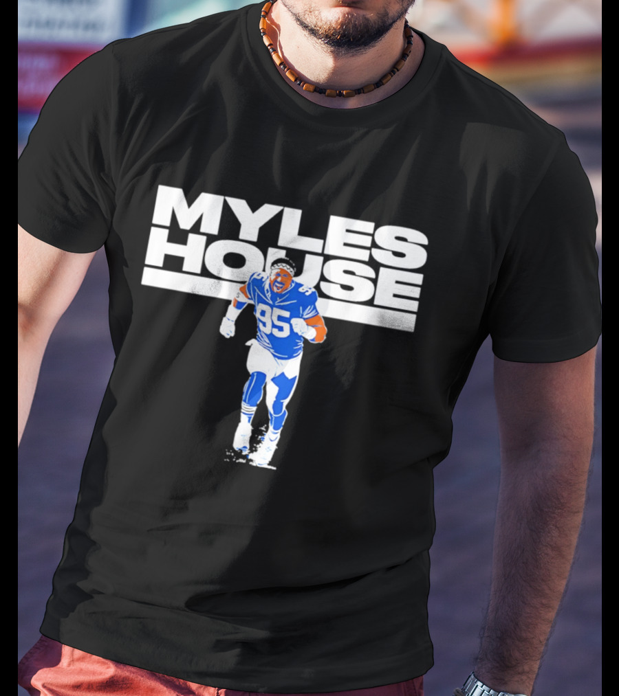 Myles Garrett Myles House 95 Football Player Blue And White T-Shirt