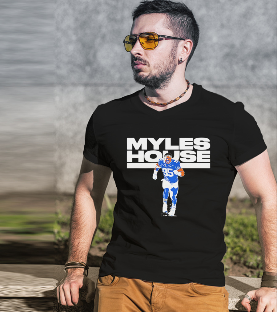 Myles Garrett Myles House 95 Football Player Blue And White T-Shirt