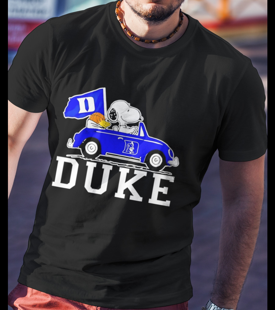 Snoopy And Woodstock Driving Duke Blue Car With Duke Blue Devils Flag T-Shirt