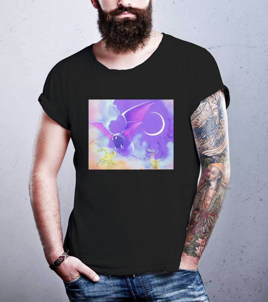 Spooky Bat With Pink Wings Flying Under Crescent Moon Halloween Night Scene T-Shirt