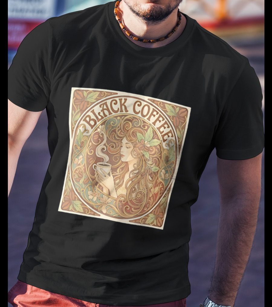 Black Coffee Nouveau Floral Steaming Art Deco T-Shirt
