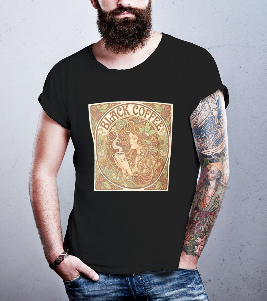Black Coffee Nouveau Floral Steaming Art Deco T-Shirt