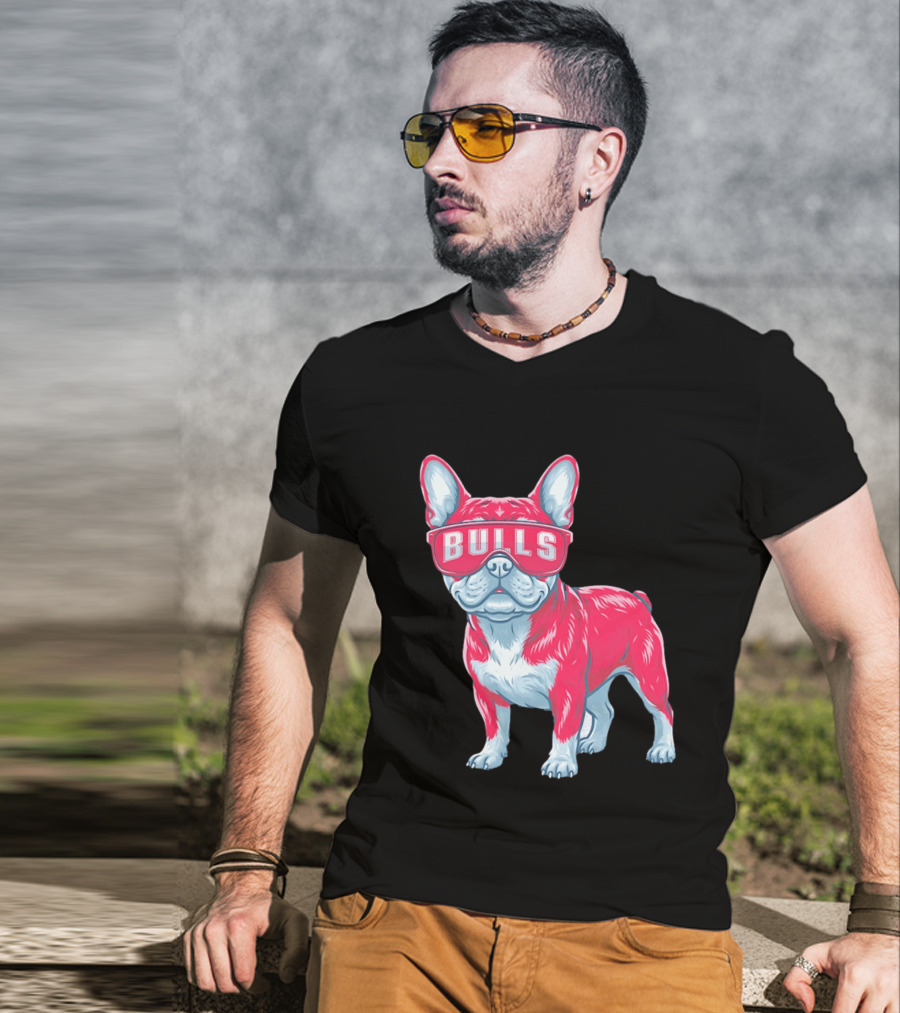 Chicago Bulls French Bulldog Wearing Bulls Glasses T-Shirt