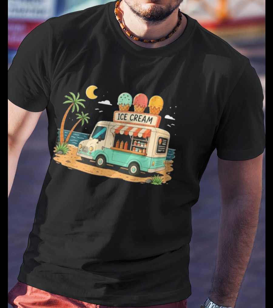 Ice Cream Truck Beach Night Tropical Ocean Summer Waves T-Shirt