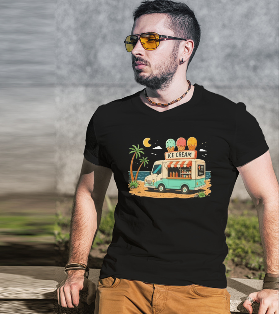 Ice Cream Truck Beach Night Tropical Ocean Summer Waves T-Shirt