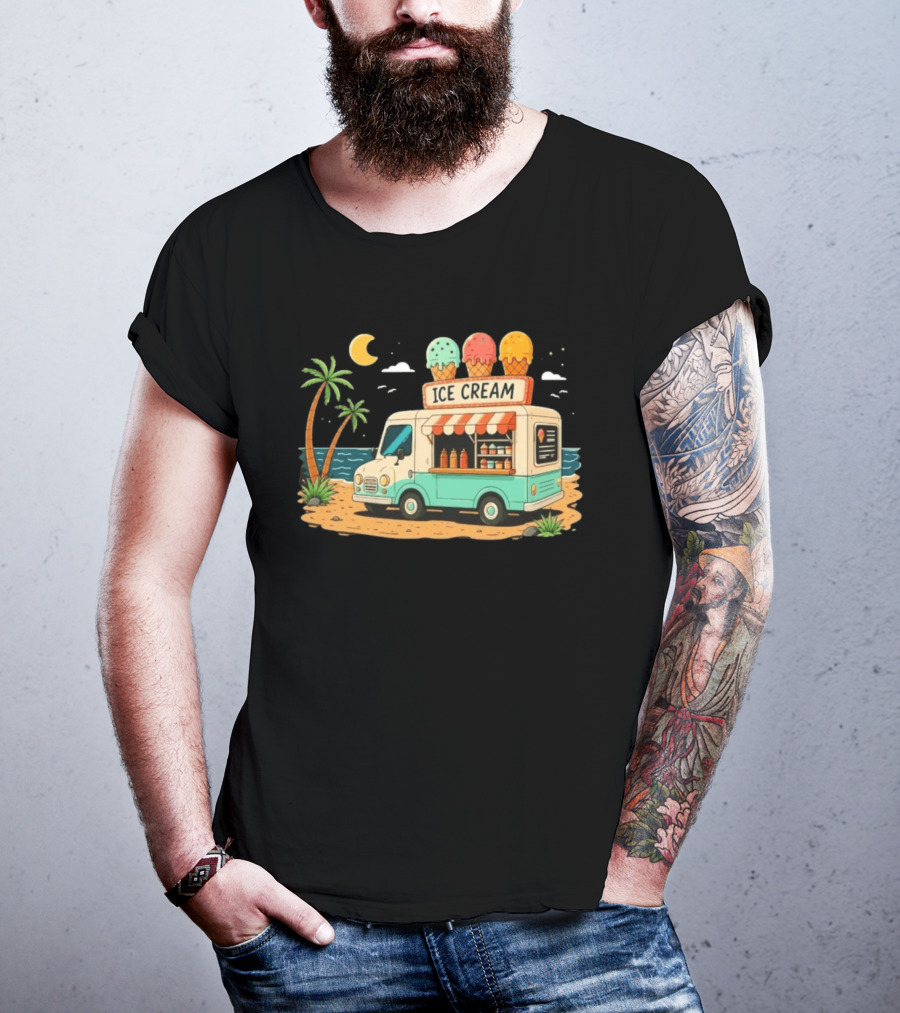 Ice Cream Truck Beach Night Tropical Ocean Summer Waves T-Shirt