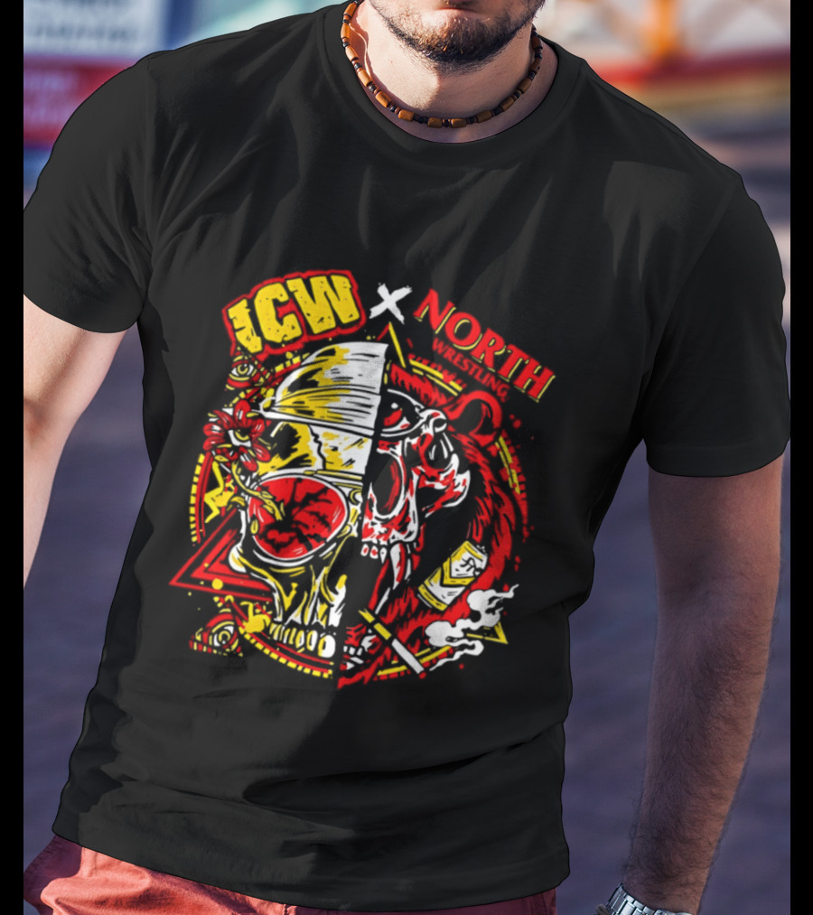 ICW X North Wrestling Split Skull Bear Head Concert Band T-Shirt