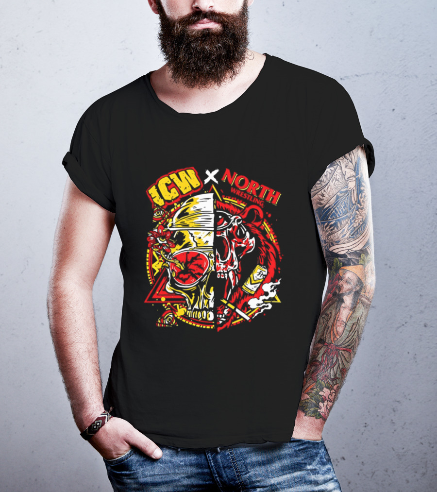 ICW X North Wrestling Split Skull Bear Head Concert Band T-Shirt