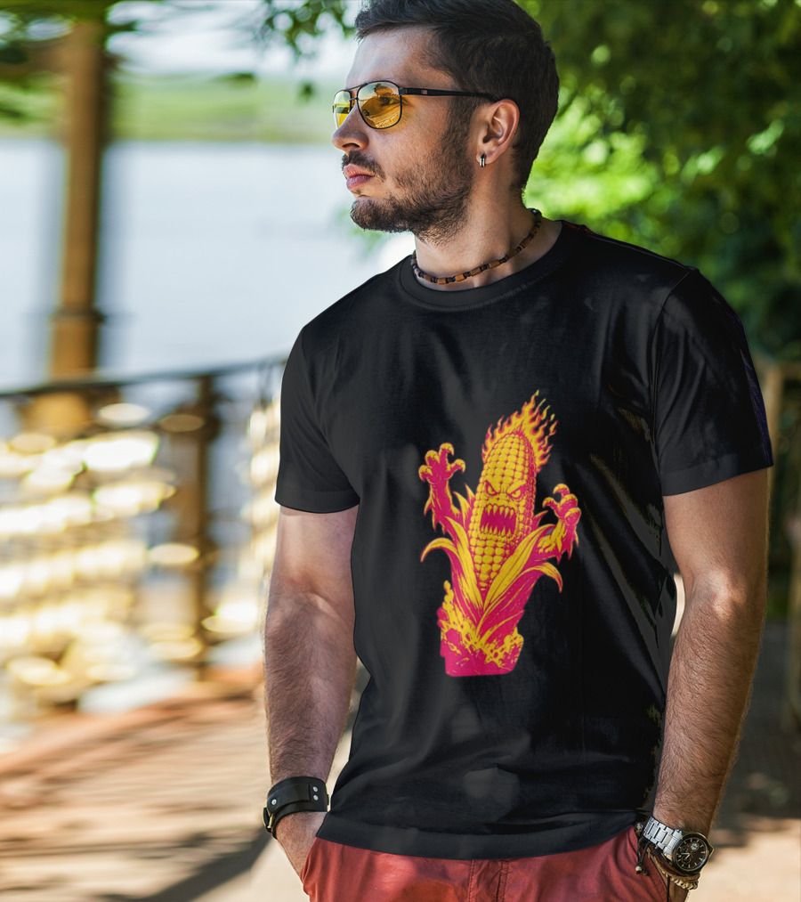 Fiery Mutant Corn Monster Kernels Of Terror Halloween Evil Cob T-Shirt