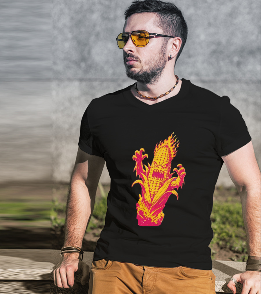 Fiery Mutant Corn Monster Kernels Of Terror Halloween Evil Cob T-Shirt