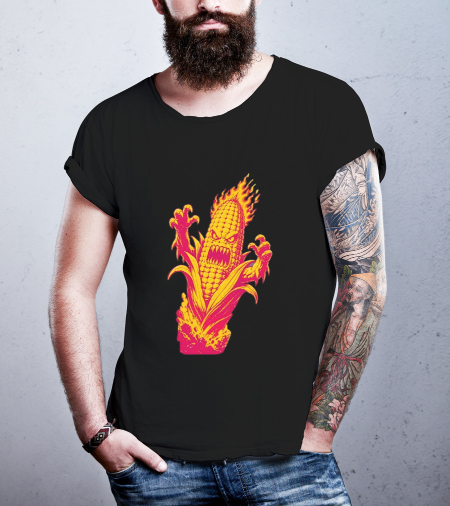 Fiery Mutant Corn Monster Kernels Of Terror Halloween Evil Cob T-Shirt