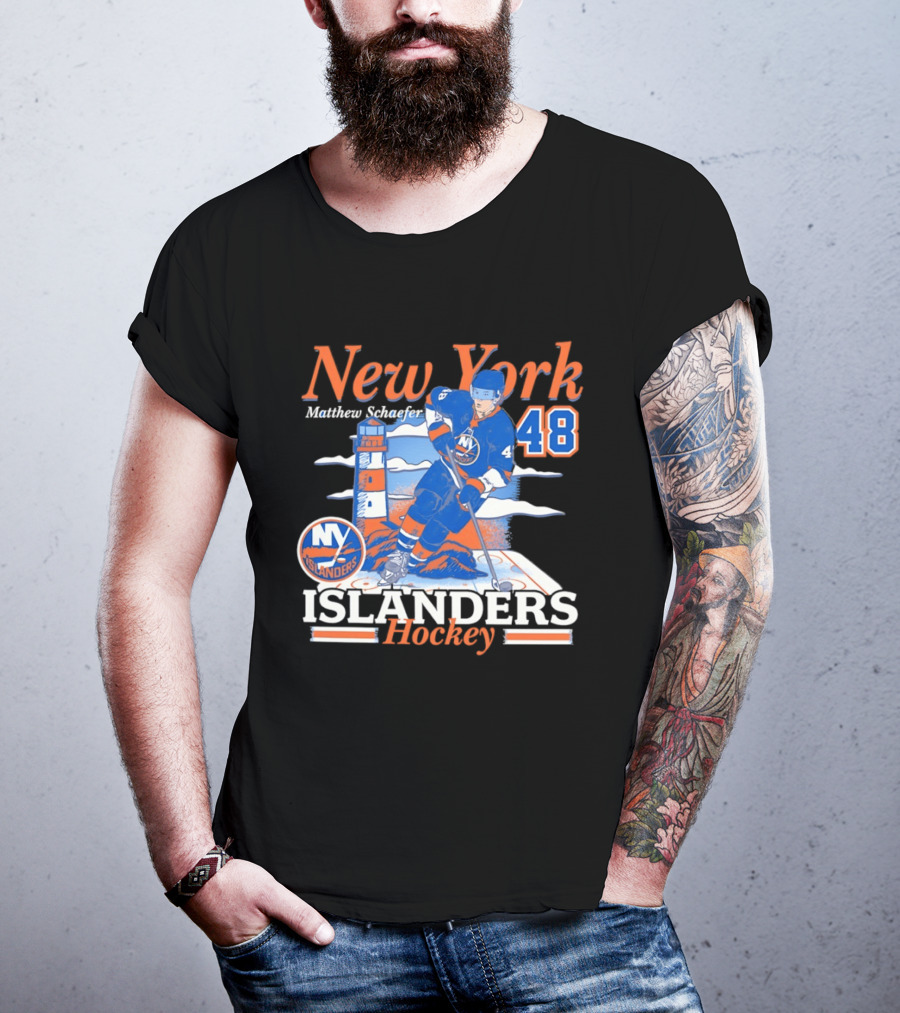 New York Islanders Hockey Matthew Schaefer 48 Player Lighthouse T-Shirt