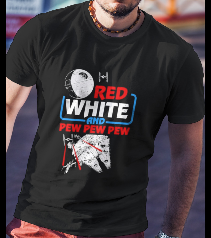 Star Wars Millennium Falcon Red White And Pew Pew Pew Death Star Tie Fighter T-Shirt