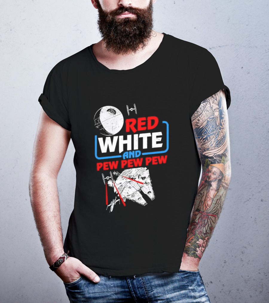 Star Wars Millennium Falcon Red White And Pew Pew Pew Death Star Tie Fighter T-Shirt