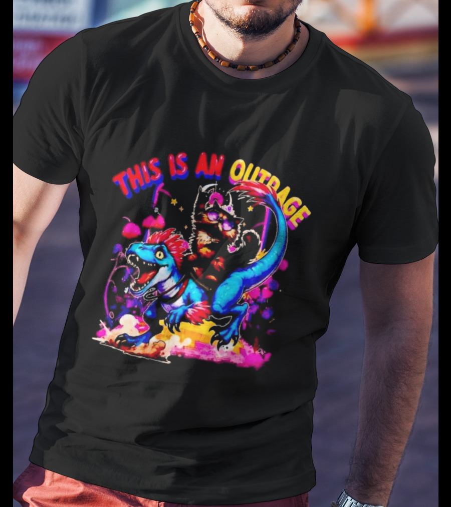 This Is An Outrage Cat Riding Blue Raptor Dinosaur Jurassic T-Shirt