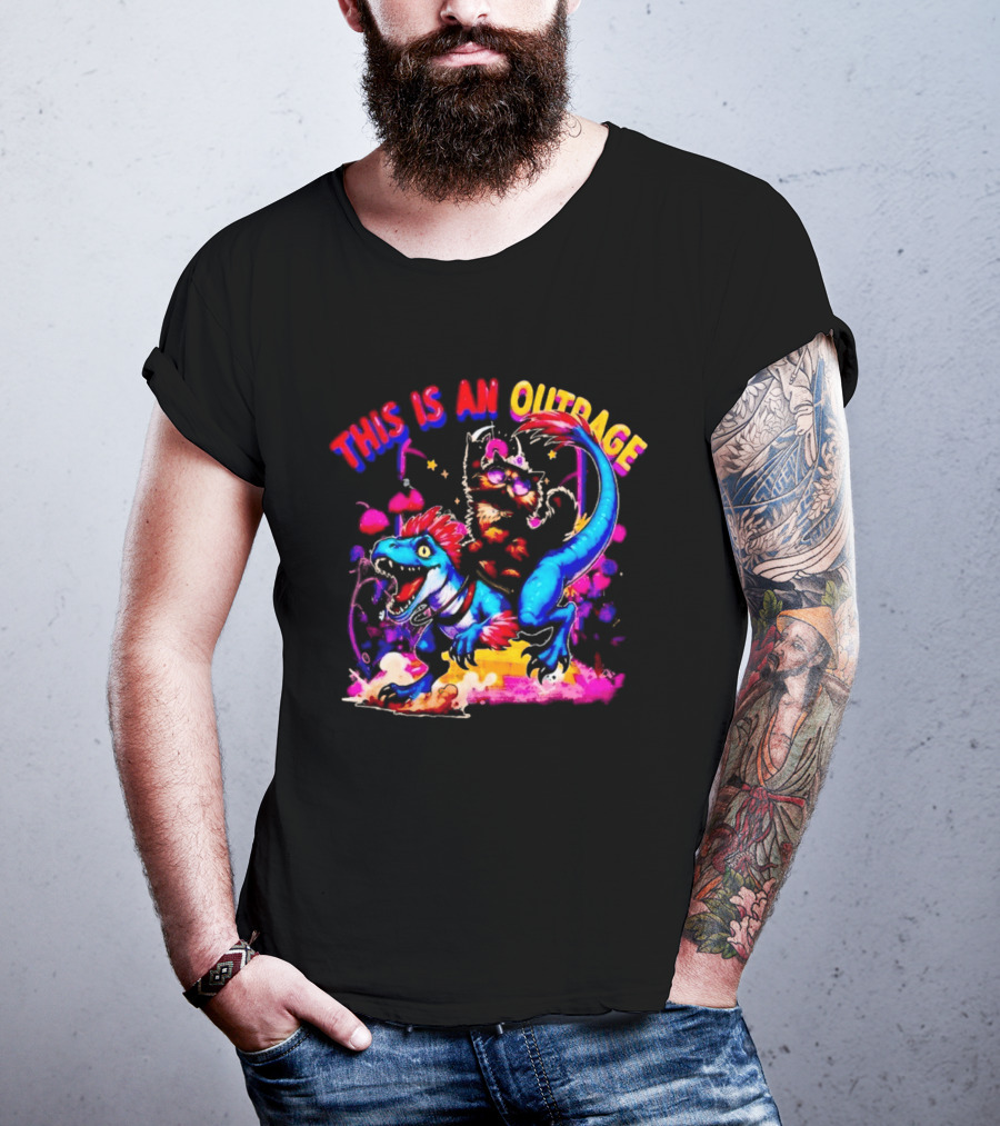 This Is An Outrage Cat Riding Blue Raptor Dinosaur Jurassic T-Shirt