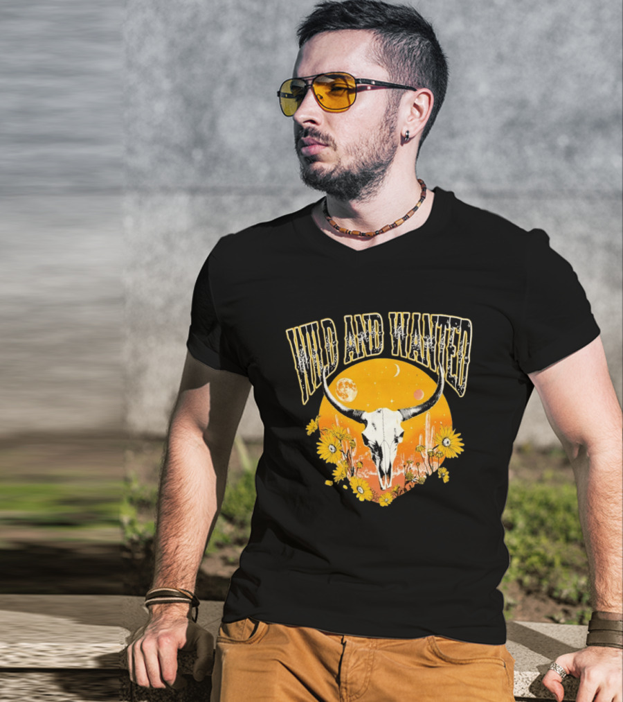 Wild And Wanted Bull Skull Sun Moon Desert Cactus Flowers Western Boho T-Shirt