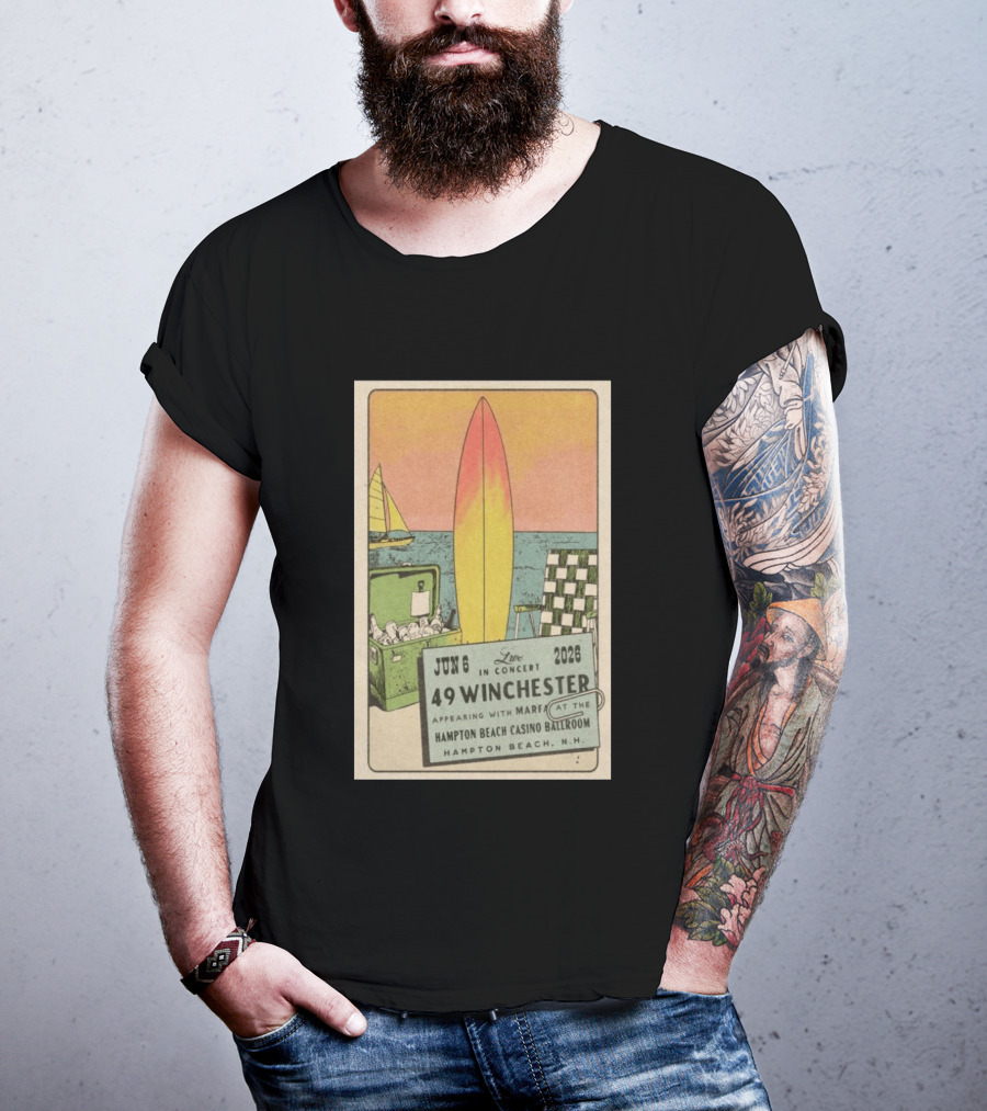 49 Winchester Live In Concert June 06 2026 Hampton Beach Casino Ballroom NH Appearing With Marfa Surfboard Ice Cooler Beach Scene T-Shirt