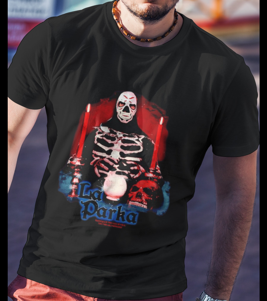La Parka Lucha Libre Skeleton With Candles And Skull T-Shirt
