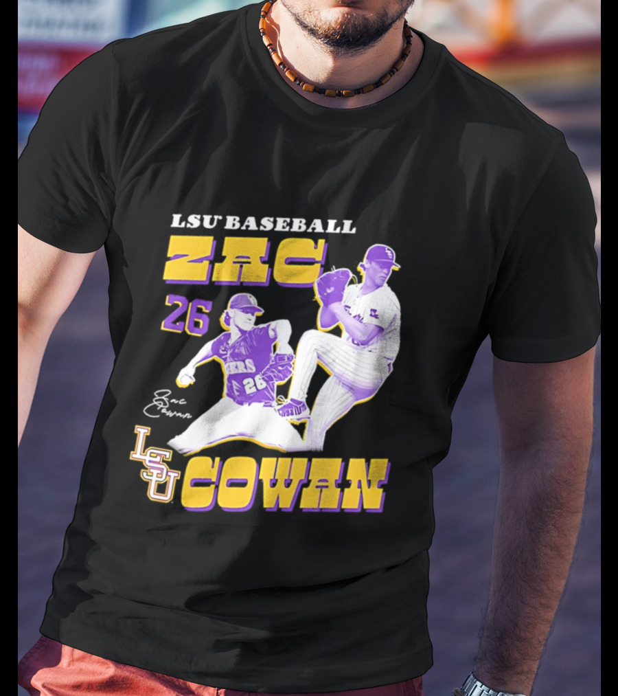 LSU Baseball Zac Cowan 26 Pitching Action Pose T-Shirt