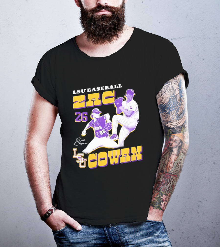LSU Baseball Zac Cowan 26 Pitching Action Pose T-Shirt
