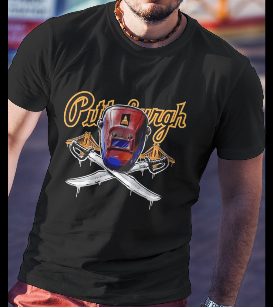 Pittsburgh Welding Mask Crossed Swords Bridge City Steel Construction Cone T-Shirt