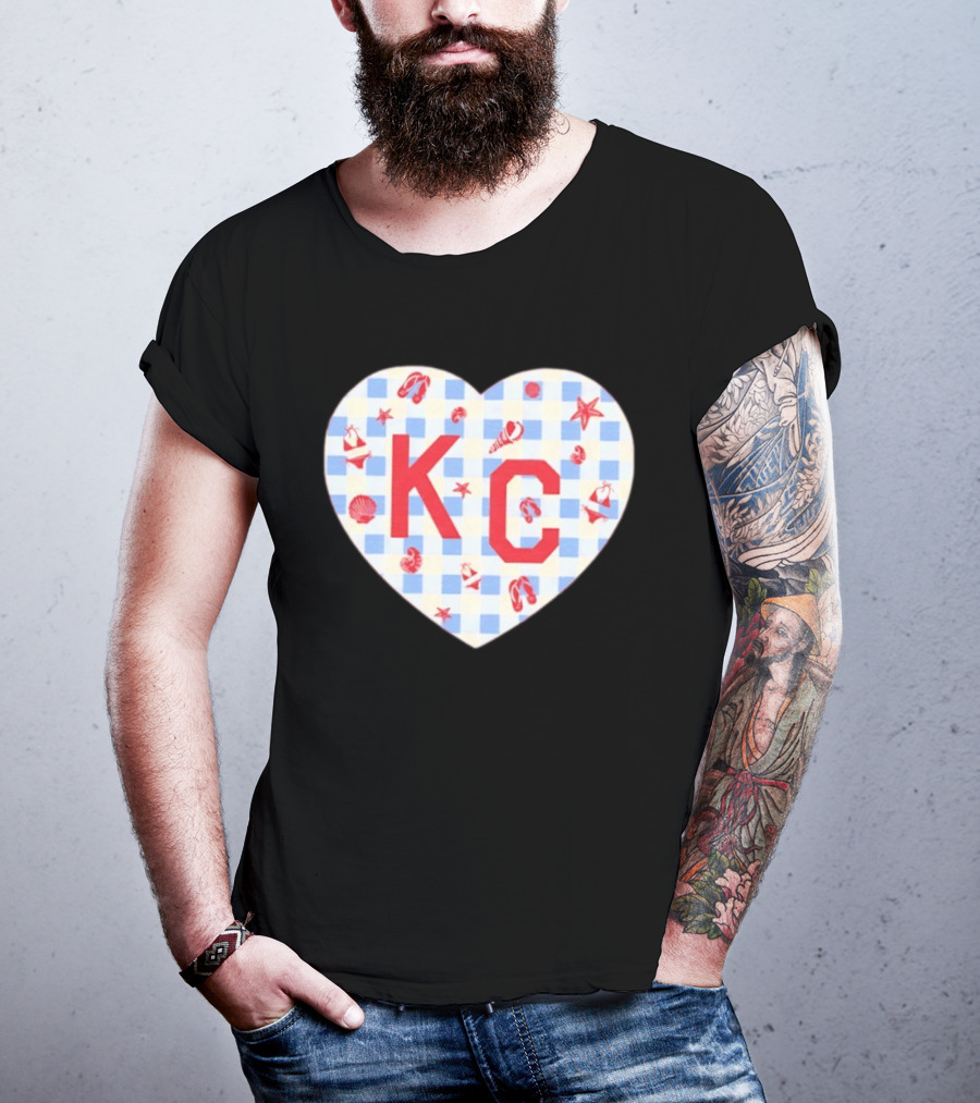 KC Heart Summertime Oatmeal Checkered Seashells And Starfish T-Shirt