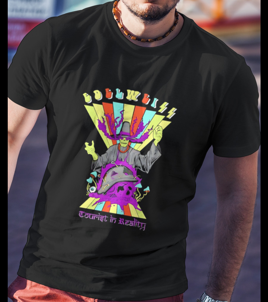 Edelweiss Skeleton Warlock Psychedelic Rainbow Tourist In Reality T-Shirt