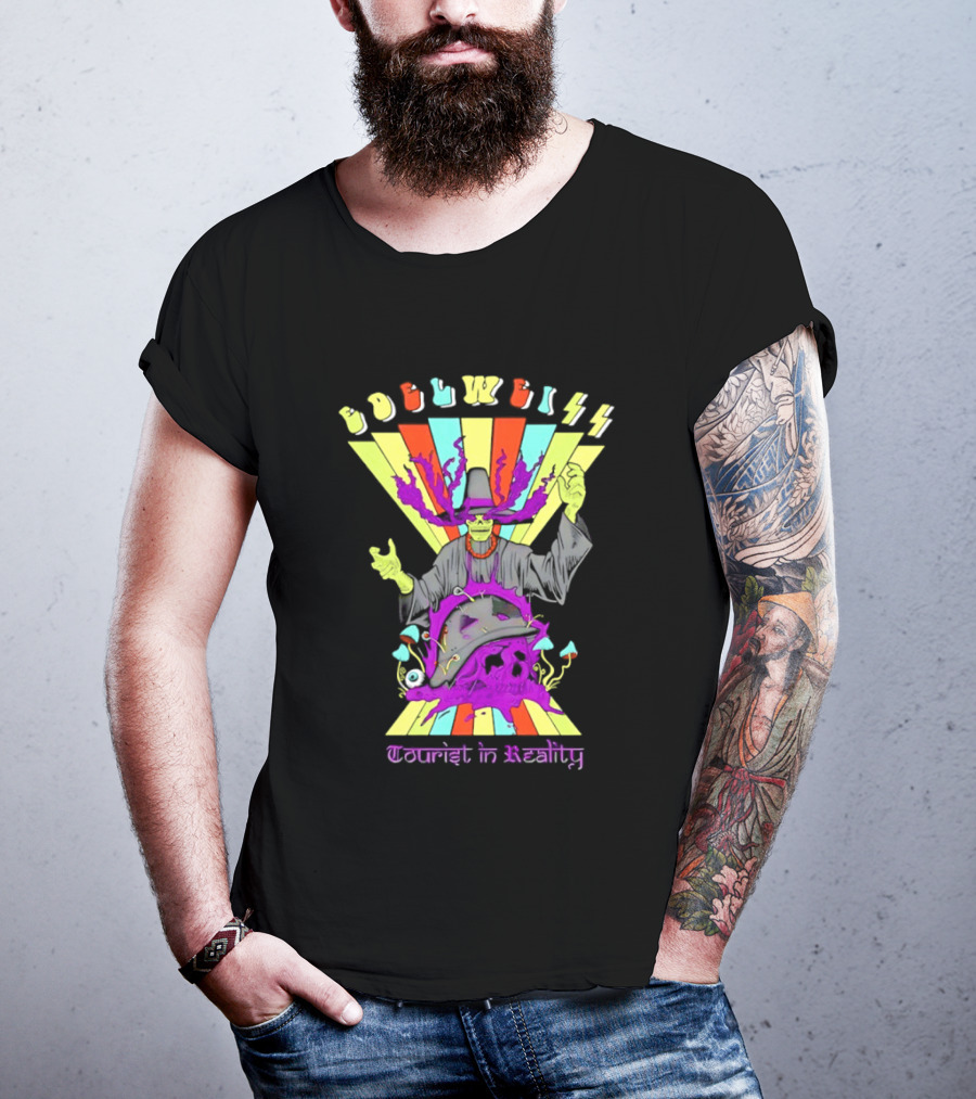 Edelweiss Skeleton Warlock Psychedelic Rainbow Tourist In Reality T-Shirt