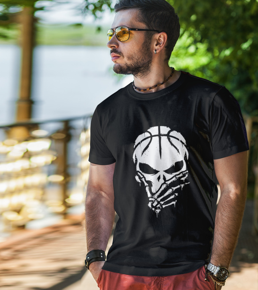 Basketball Skull With Silence Finger Gesture Skeleton Mask T-Shirt