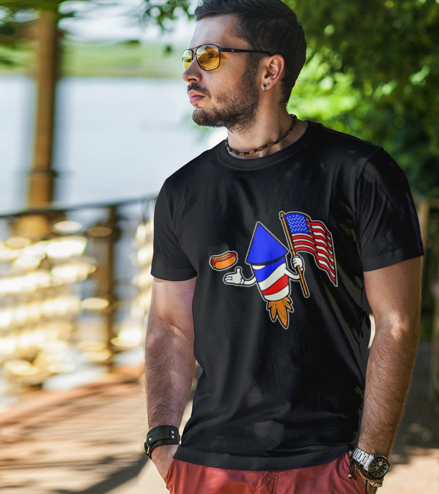 Fireworks Rocket American Flag And Hot Dog Celebration T-Shirt