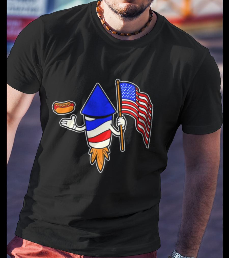 Fireworks Rocket American Flag And Hot Dog Celebration T-Shirt
