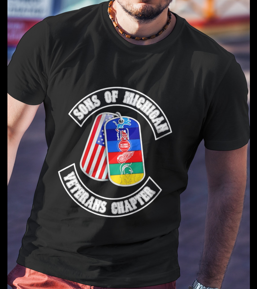 Detroit Lions Tigers Pistons Red Wings Spartans Wolverines Sons Of Michigan Veterans Chapter Dog Tags T-Shirt