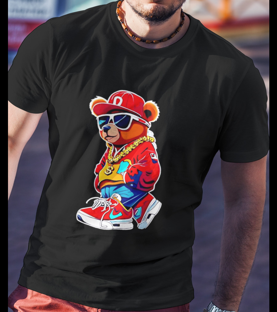 Hip Hop Teddy Bear Swag With Red Cap And Sunglasses T-Shirt