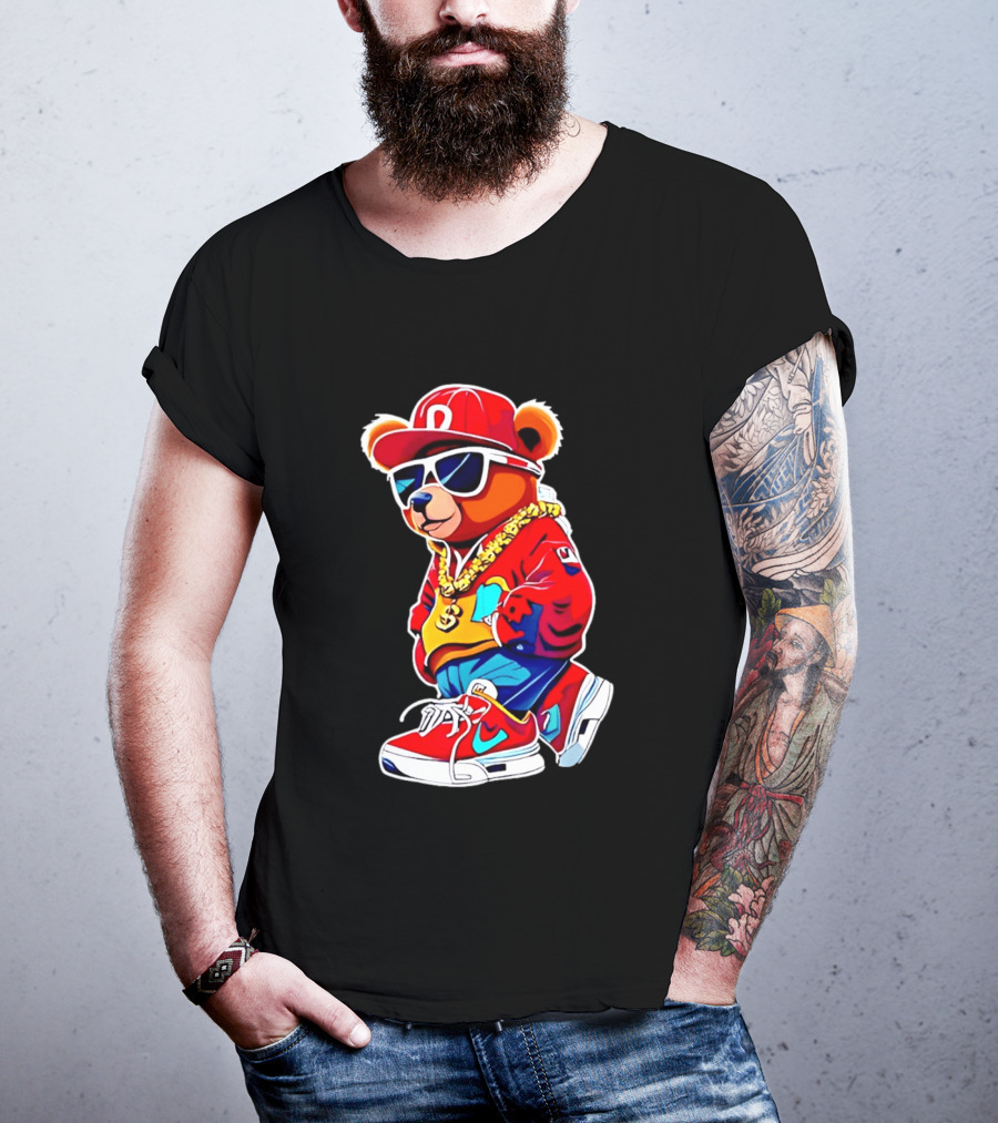 Hip Hop Teddy Bear Swag With Red Cap And Sunglasses T-Shirt