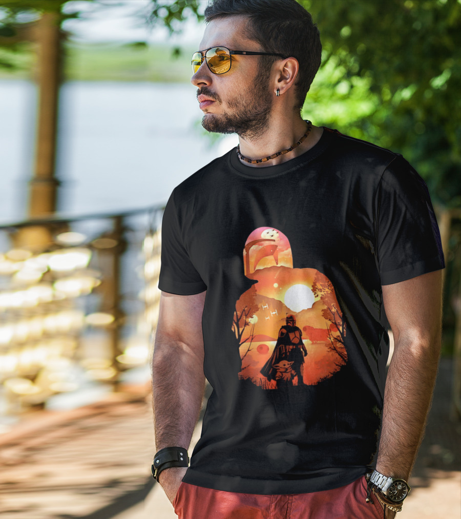 Hunting Companions Bounty Hunter Sunset Mandalorian Grogu Art By Dandingeroz T-Shirt