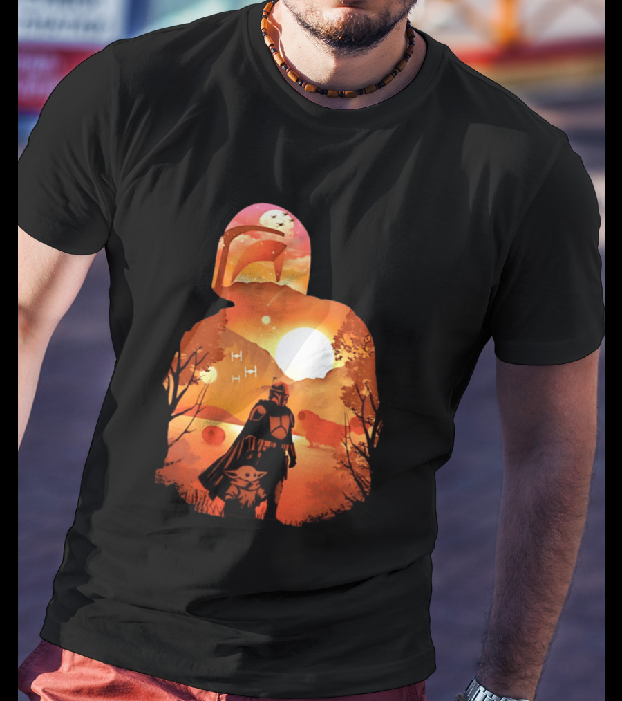 Hunting Companions Bounty Hunter Sunset Mandalorian Grogu Art By Dandingeroz T-Shirt