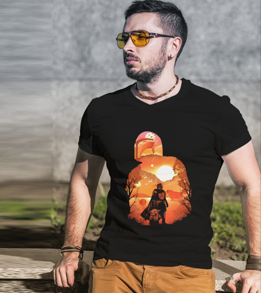 Hunting Companions Bounty Hunter Sunset Mandalorian Grogu Art By Dandingeroz T-Shirt