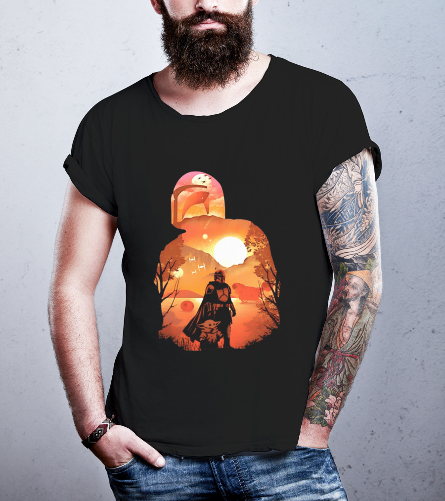 Hunting Companions Bounty Hunter Sunset Mandalorian Grogu Art By Dandingeroz T-Shirt