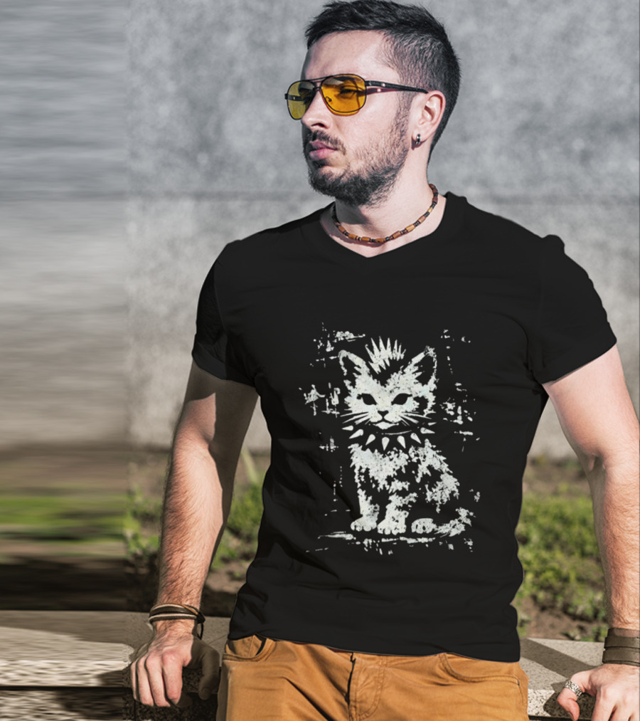 Punk Rock Cat Mohawk And Studded Collar T-Shirt