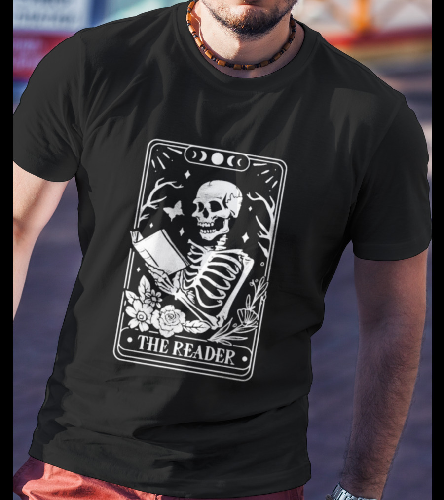 The Reader Skeleton Book Moon Phases Floral Tarot Card T-Shirt