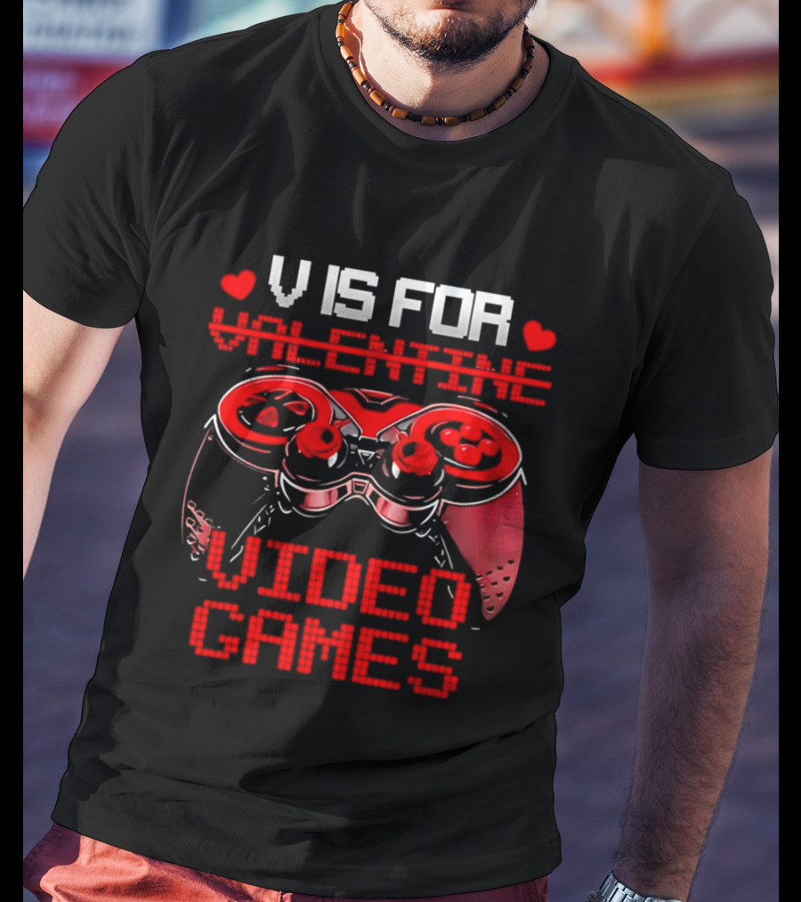 V Is For Valentine Video Games Controller Hearts T-Shirt