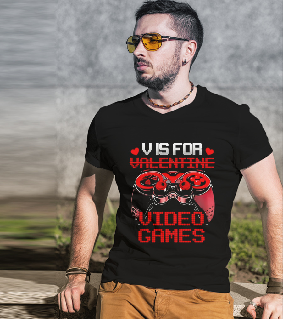 V Is For Valentine Video Games Controller Hearts T-Shirt