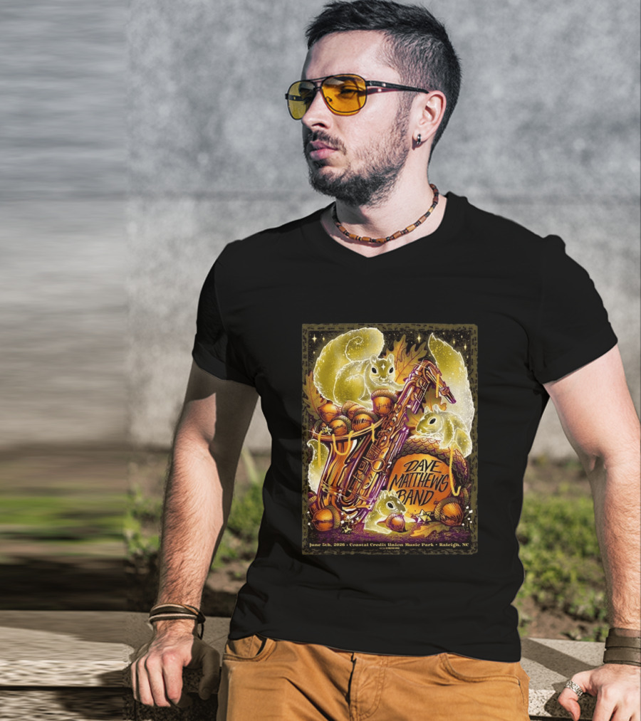 Dave Matthews Band June 5 2026 Coastal Credit Union Music Park Raleigh NC Squirrels Saxophone Acorns T-Shirt