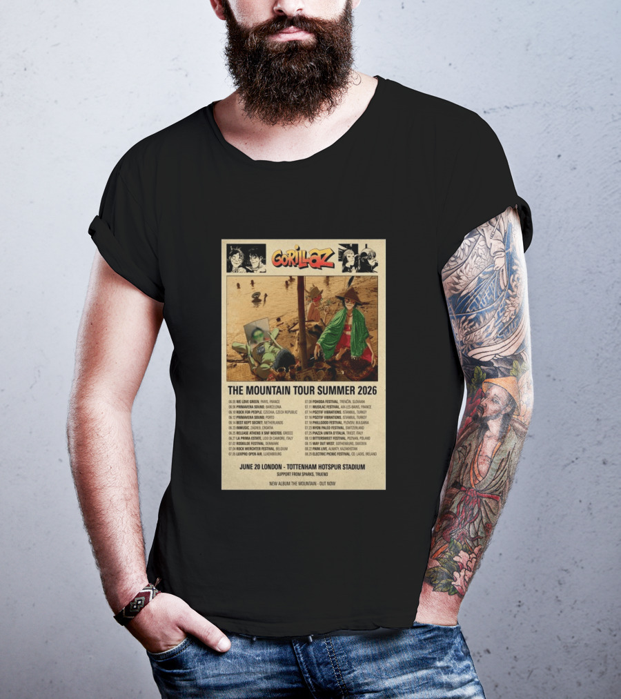 Gorillaz We Love Green Paris June 05 2026 The Mountain Tour T-Shirt