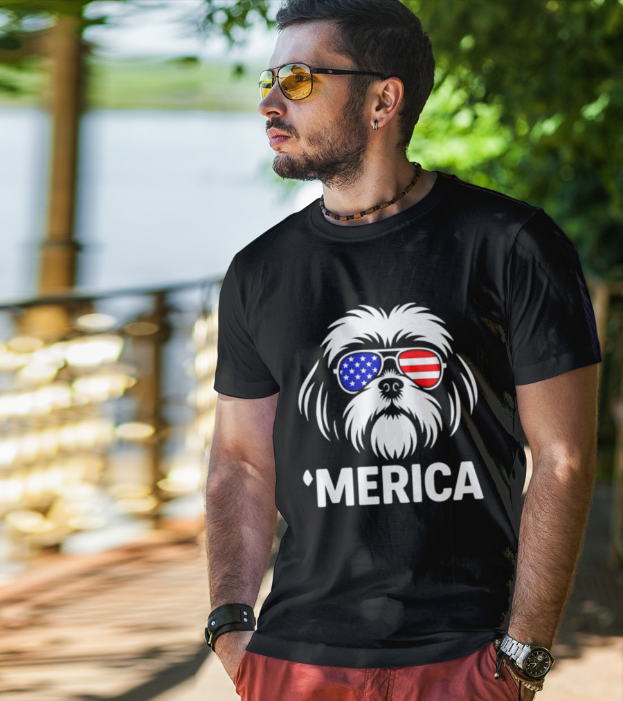 Shih Tzu Dog 'Merica American Flag Sunglasses T-Shirt