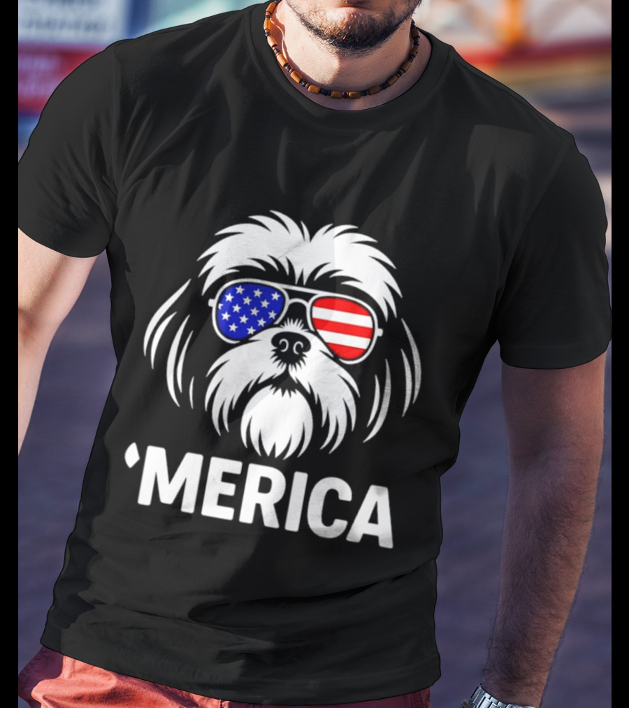 Shih Tzu Dog 'Merica American Flag Sunglasses T-Shirt